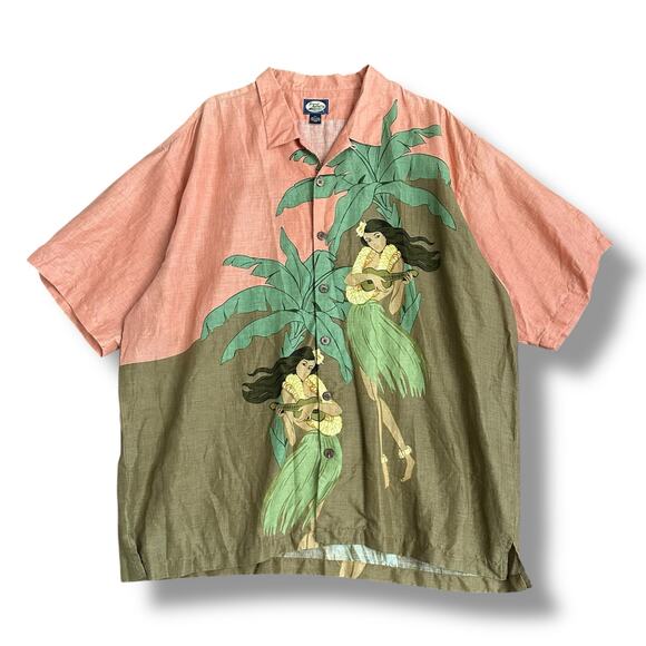 Tommy Bahama Men’s XXL 100% Linen Hawaiian Camp Shirt Hula Girl Palm Tree Print - Picture 1 of 10
